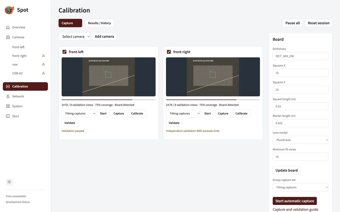 Calibration capture page showing camera cards, fit controls and board settings