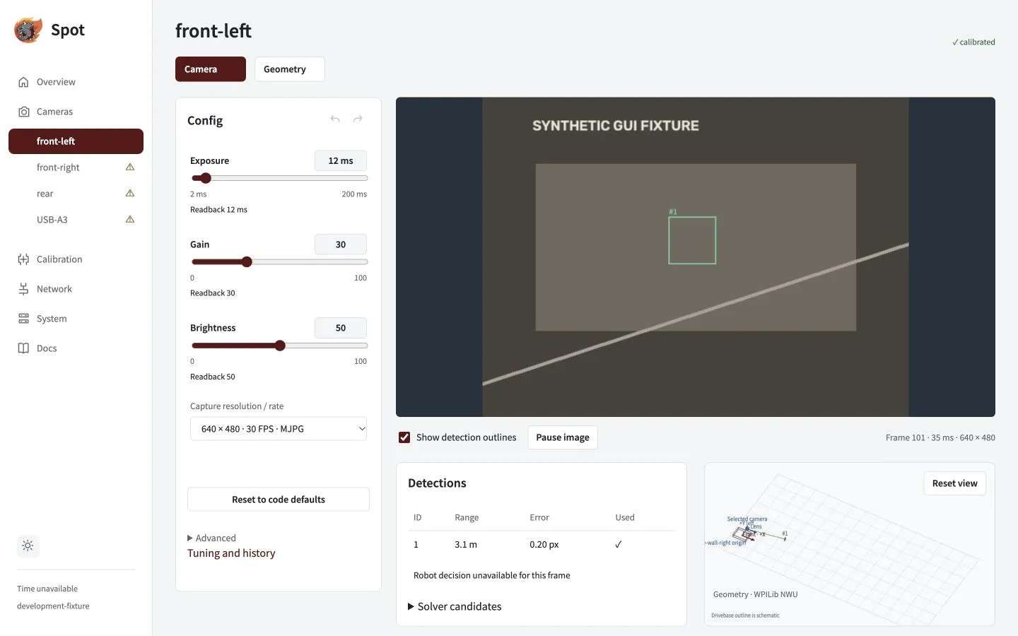 Camera Config panel with live exposure, gain and brightness controls