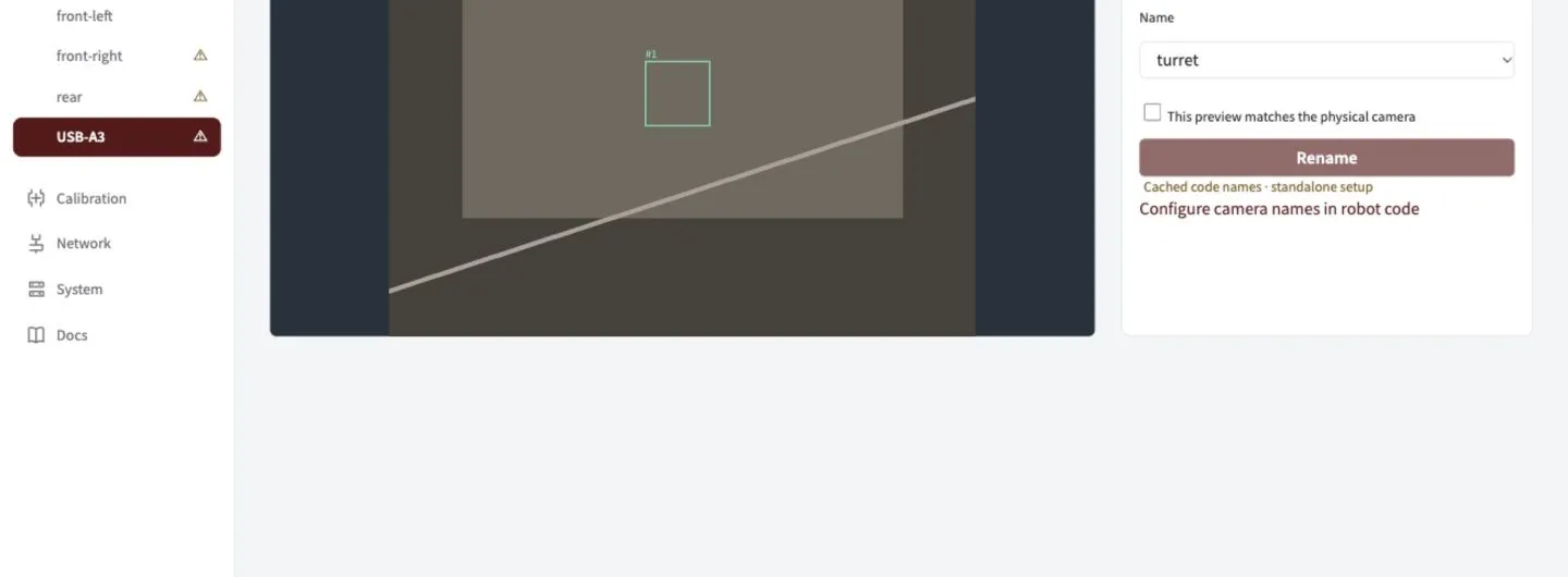 USB camera preview beside the Camera name selector and Rename button