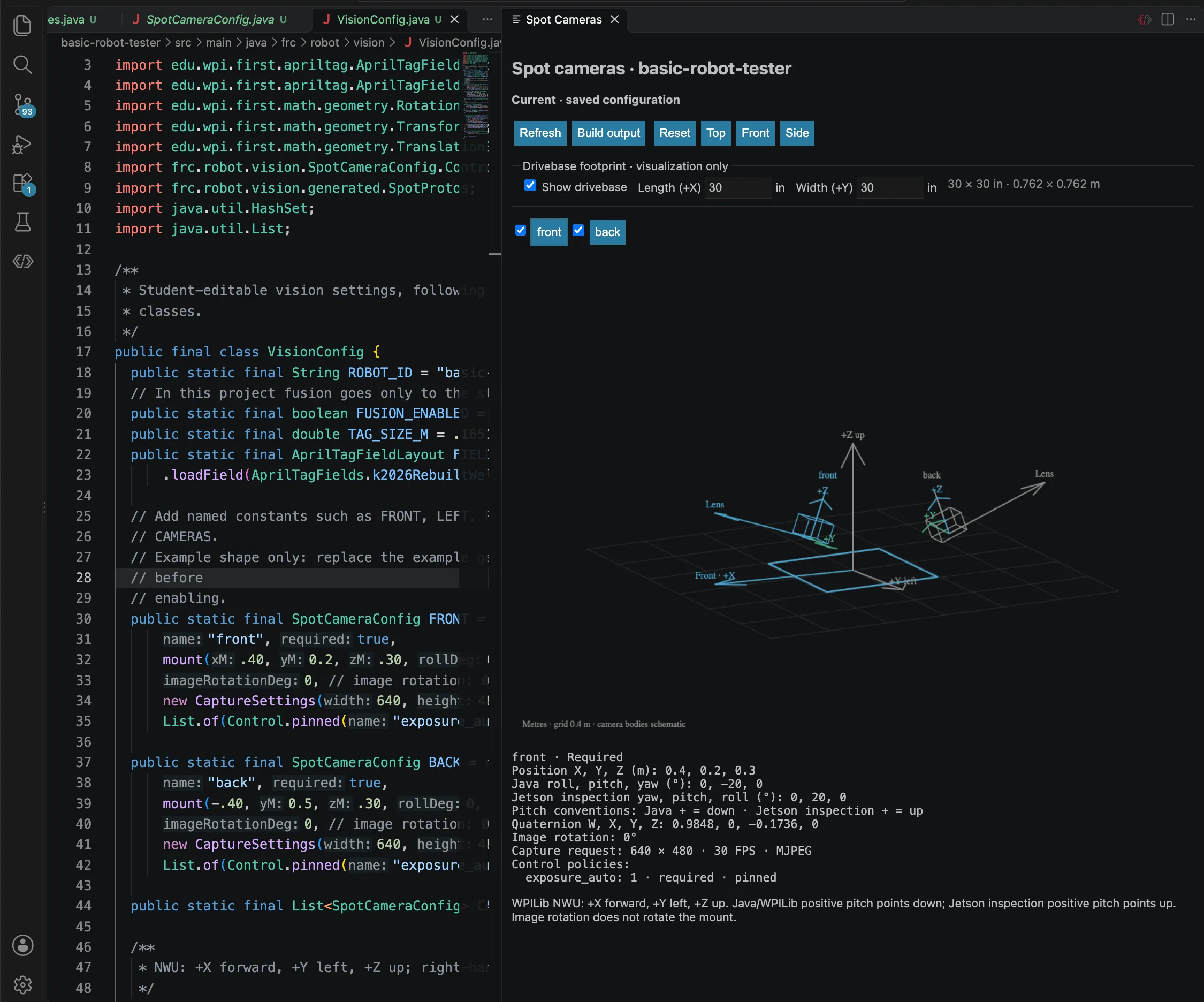 VisionConfig.java beside the Spot Cameras 3D preview and adjustable drivebase controls