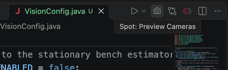 VS Code camera icon showing the Spot: Preview Cameras tooltip